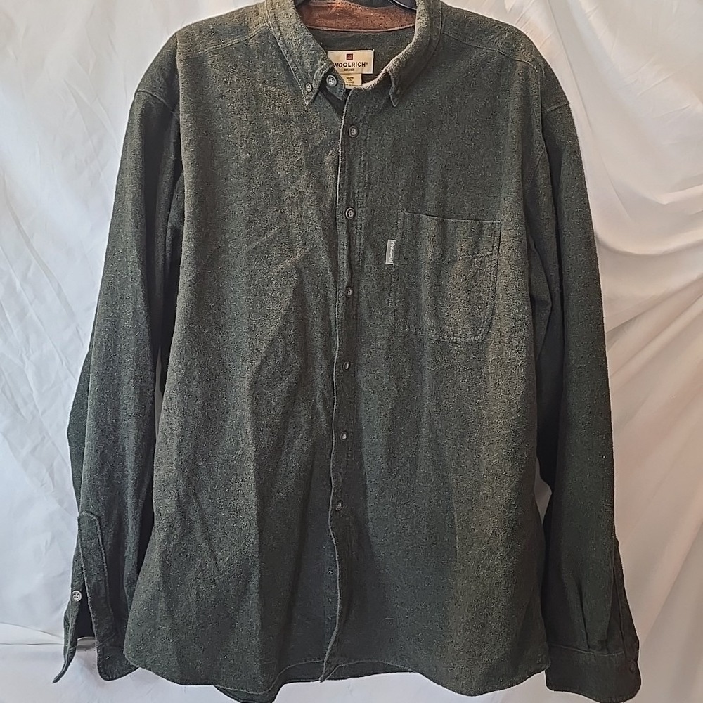 Woolrich Men's‎ Long Sleeve Button Down Shirt Green XL Long 100% Cotton